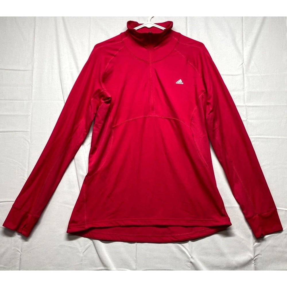 Adidas Climalite Top Womens XL Red Stretch Half Zip Mock Neck Thumb Hole Running
